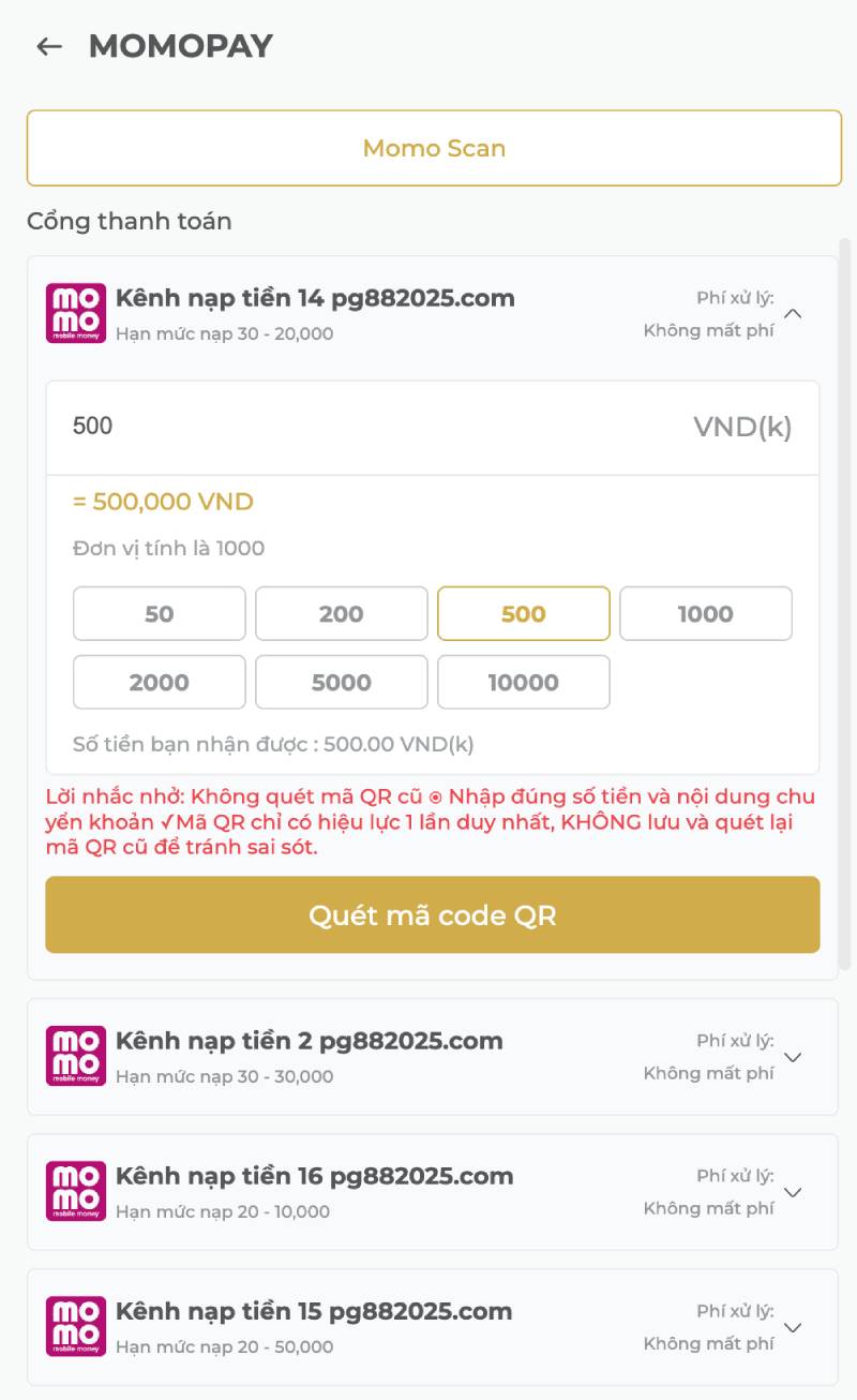 Nạp tiền qua MoMo