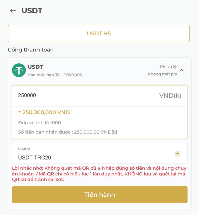 Nạp tiền qua ví điện tử USDT